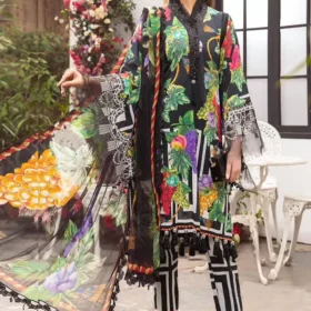3PC-Printed Lawn Zarri Shirt With Voile Printed Dupatta-1523