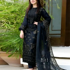 Lawn 3PC Embroidered Shirt with Organza Embroidered Dupatta- 5012